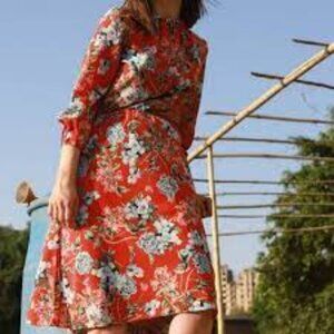 H&M Dark Orange Floral Print Creped Midi Dress 8